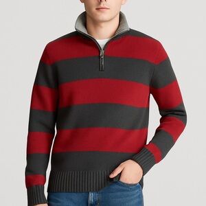 American Eagle Outfitters Red and Gray Striped Quarter-Zip Sweater Men’s L Y2K